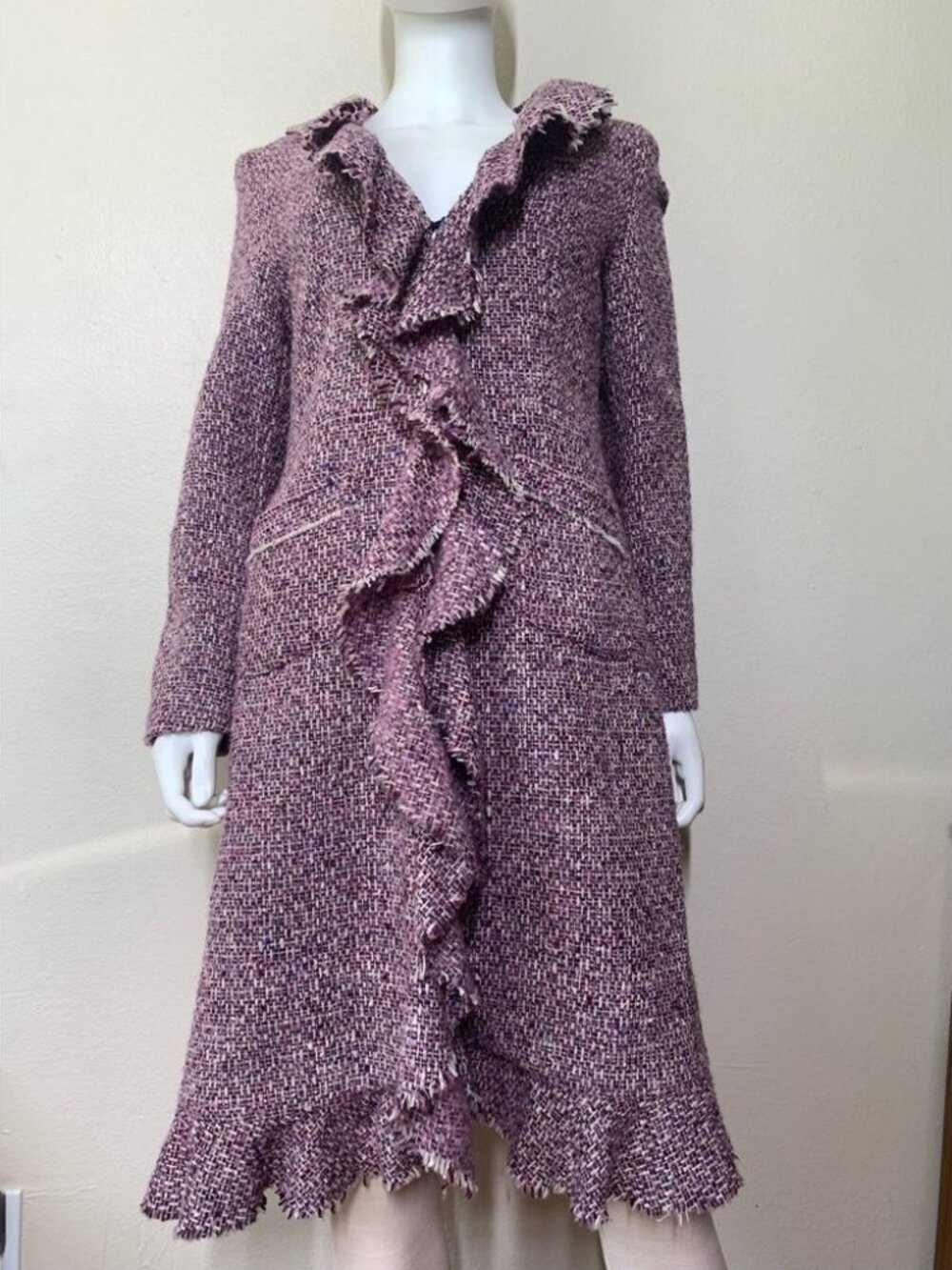 Calypso St. Barth Purple Tweed Coat S Wool Mohair Christine Celle Ruffle Pockets